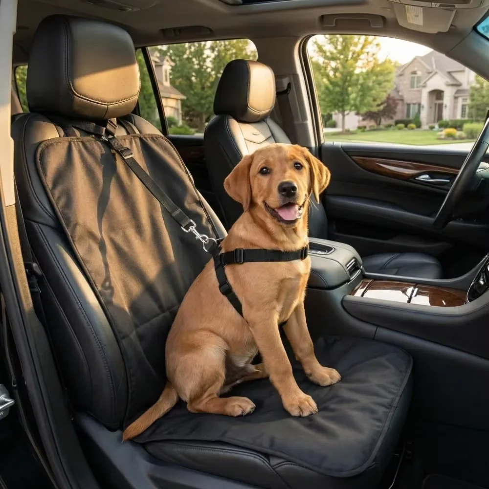 Seller photo showing a dog on a vehicle seat protector
