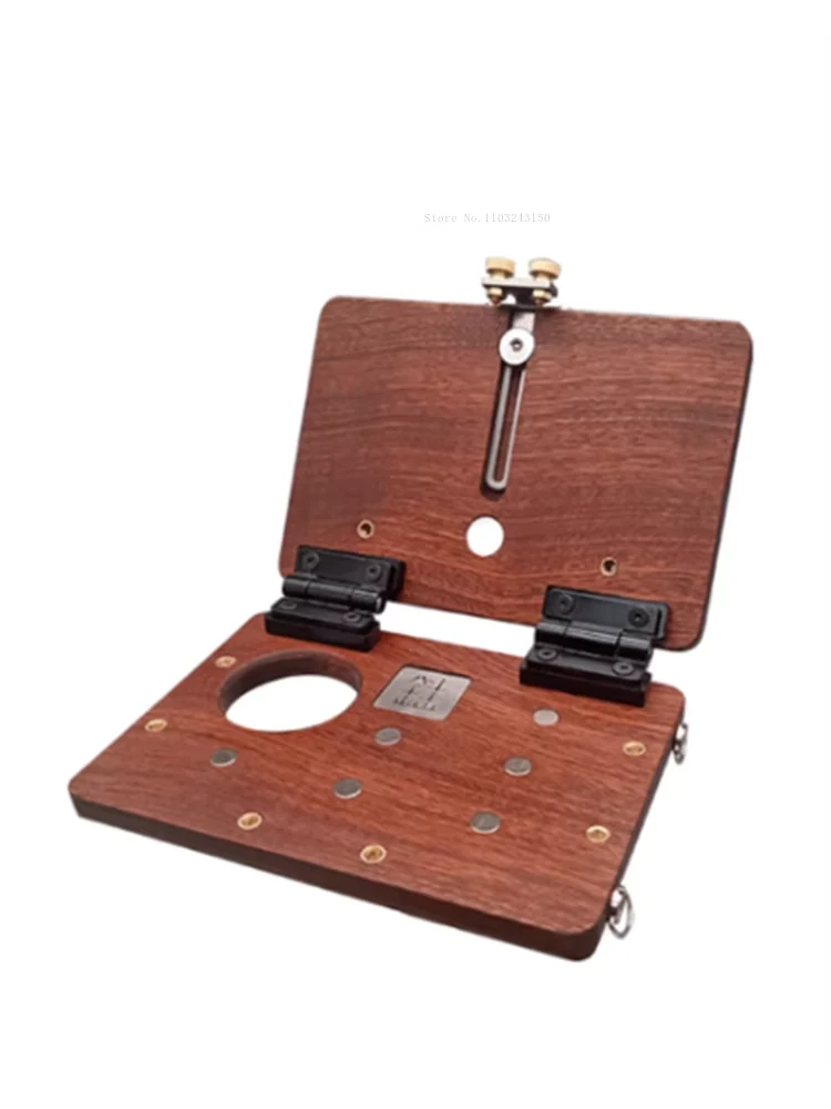 Fold-open wooden platform with hinged upright panel and metal adjustment hardware