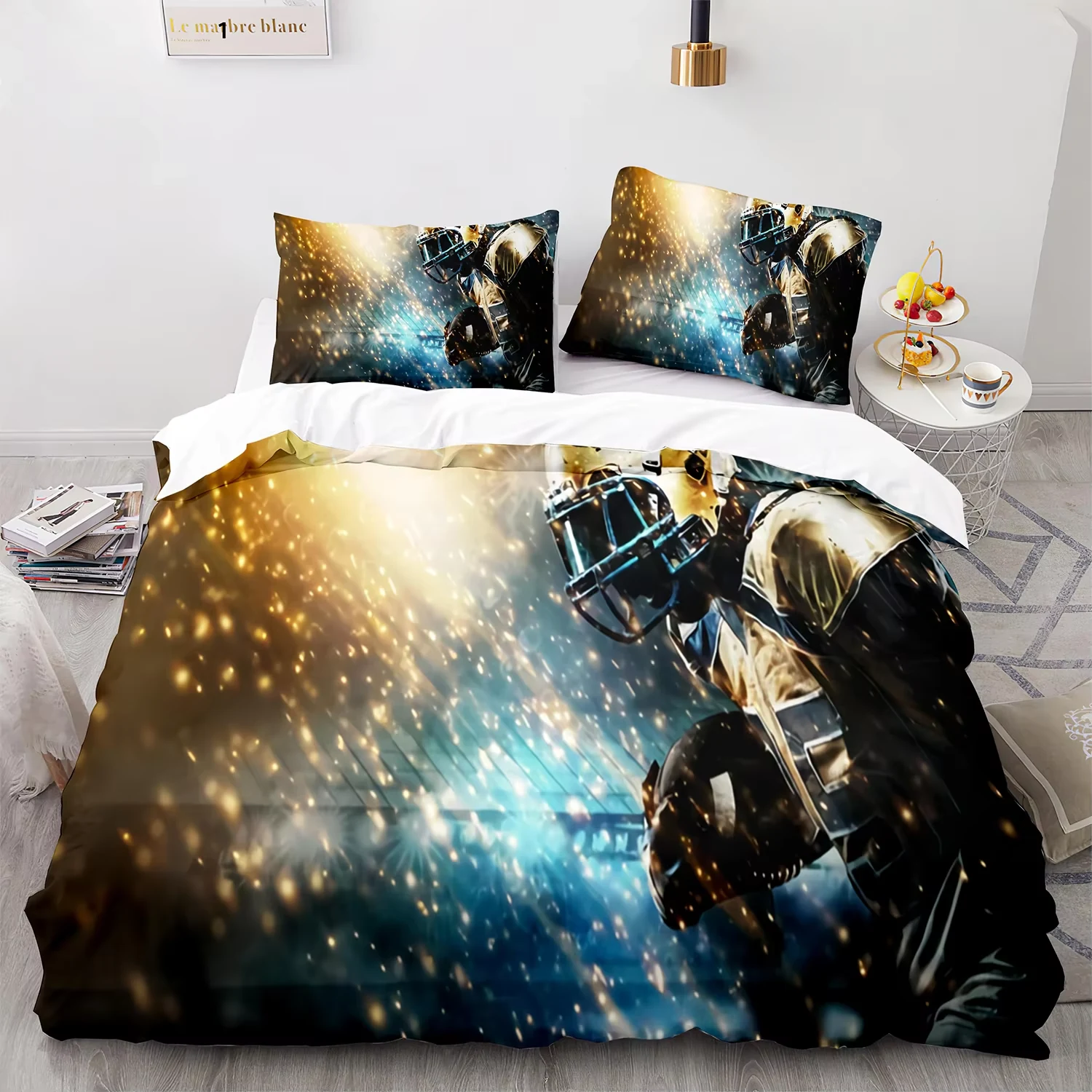 Gold and blue American football player bedding design