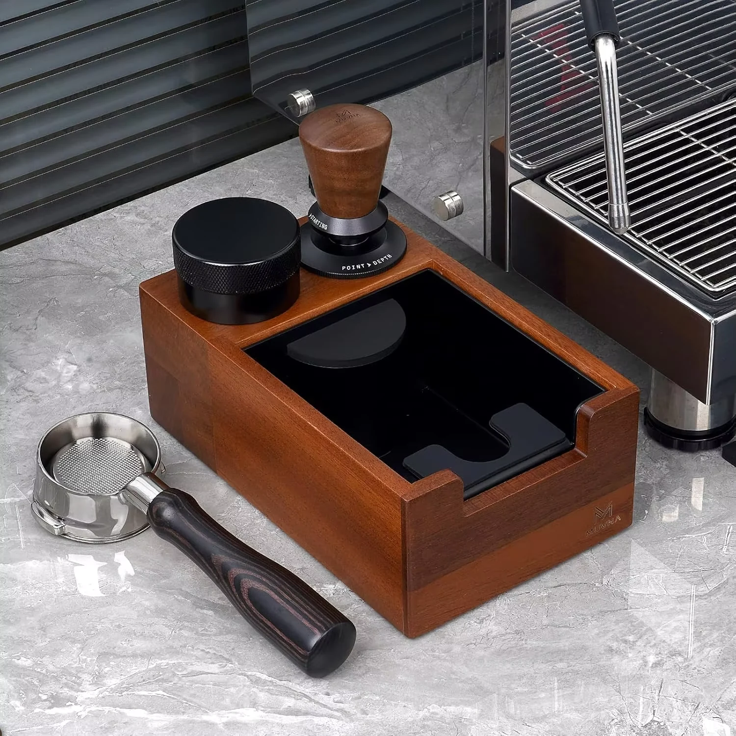 MUVNA wooden espresso knock box and coffee tool organizer