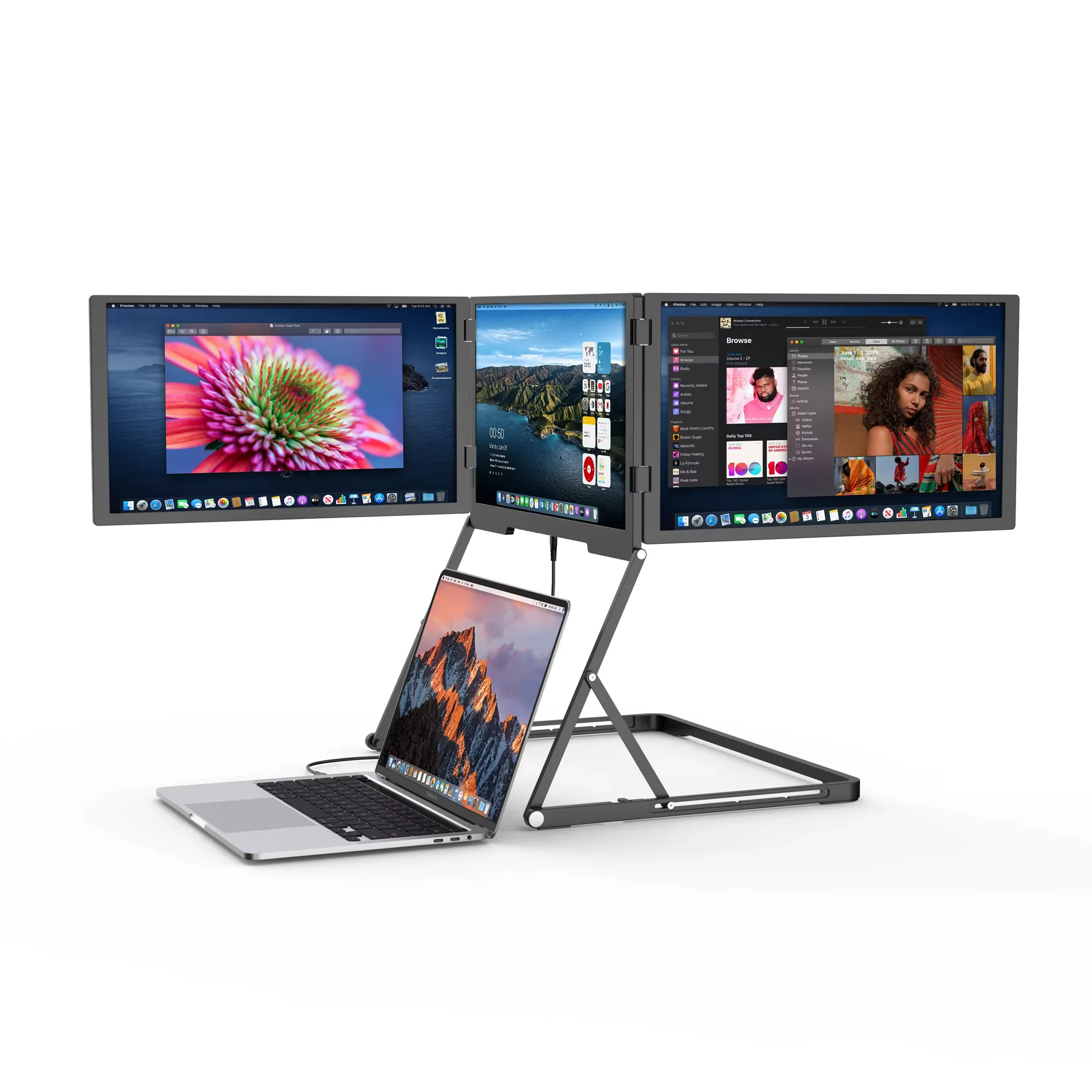 TriCreate triple-screen laptop monitor setup shown in a seller product photo
